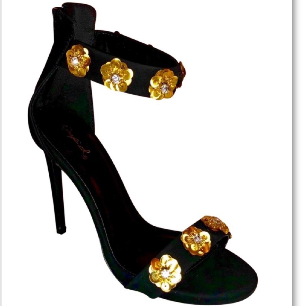 GOLD SEQUIN RHINESTONE VELVET ANKLE STRAPS